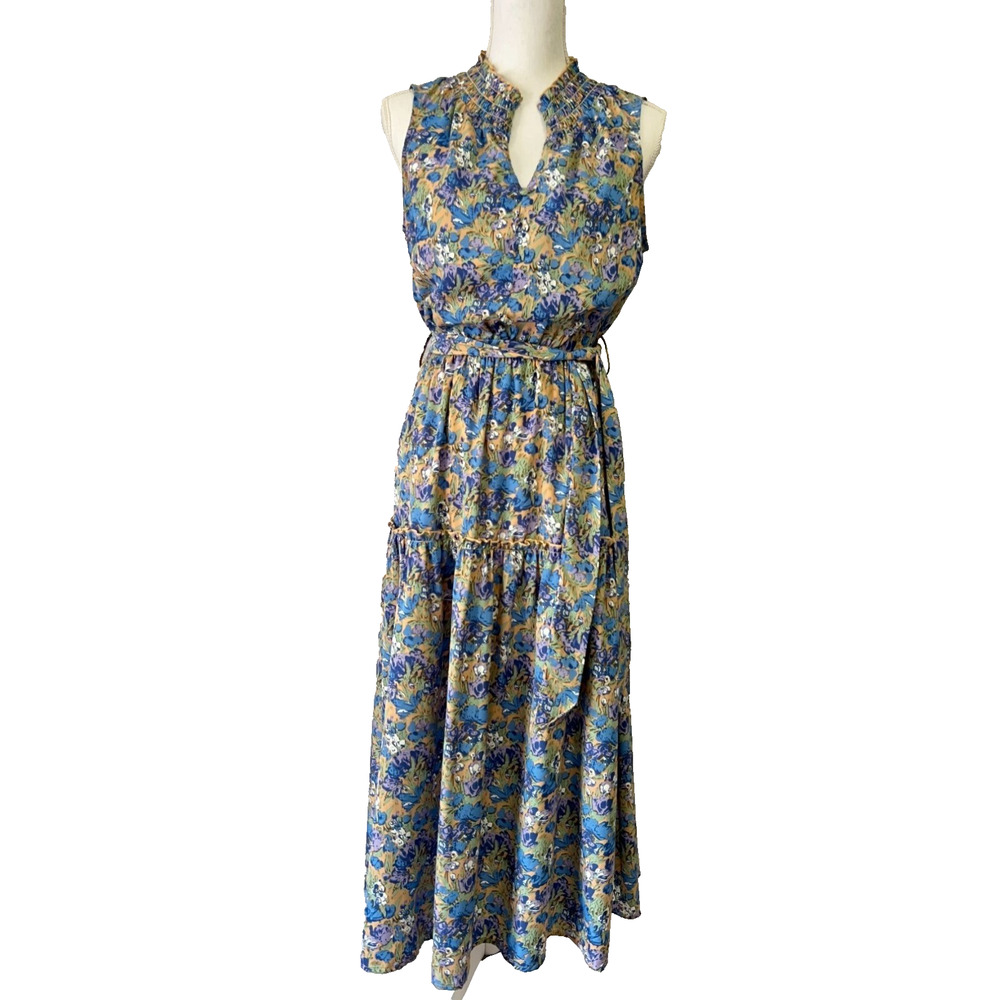 Entro Anthropologie Maxi Dress Size Small Blue Floral Boho Fairy Ruffle Stretch